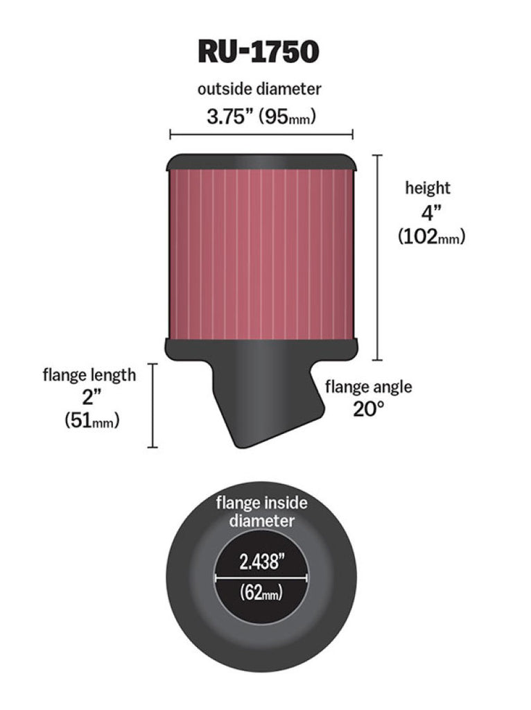 K&N Filter Universal Rubber Round Straight Filter 20 Deg Angled 2-7/16in Flange 3-3/4in OD 4in H