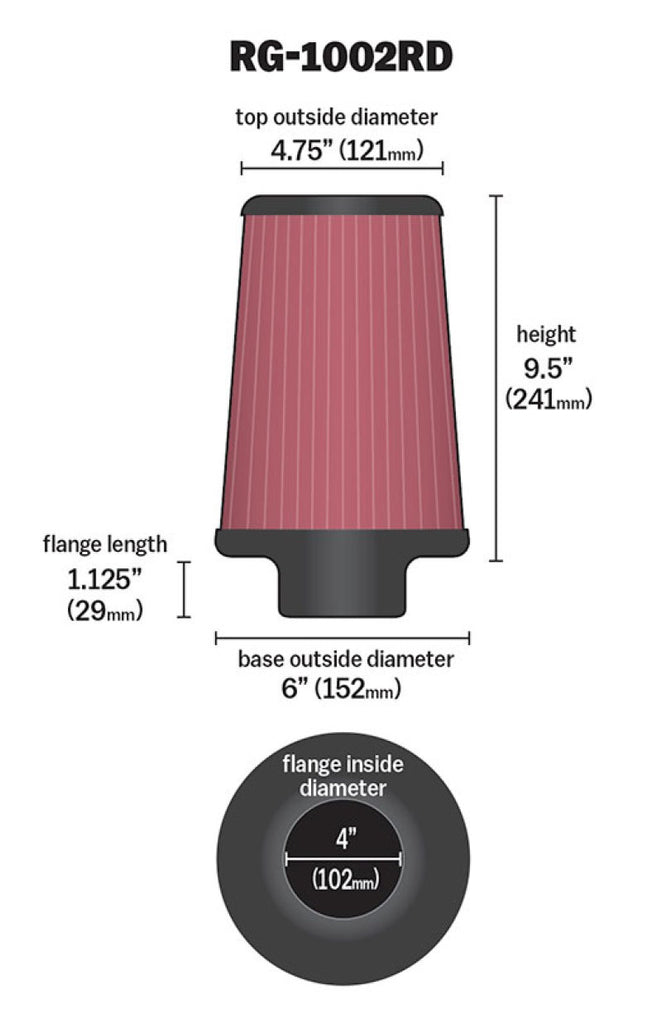 K&N Universal Air Filter Chrome Round Tapered Red - 4in Flange ID x 1.125in Flange Length x 9.5in H