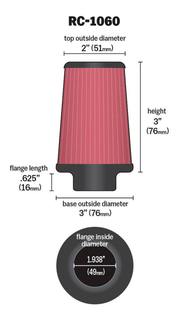 K&N Universal Chrome Filter 1 15/16 inch FLG / 3 inch Base / 2 inch Top / 3 inch Height