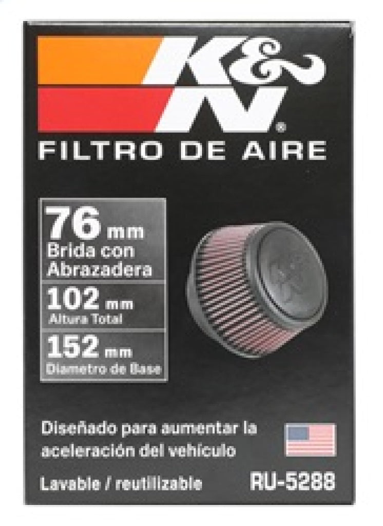 K&N Universal Round Clamp-On Air Filter 3in Flange ID x 6in Base OD x 4.625in Top OD x 3in Height