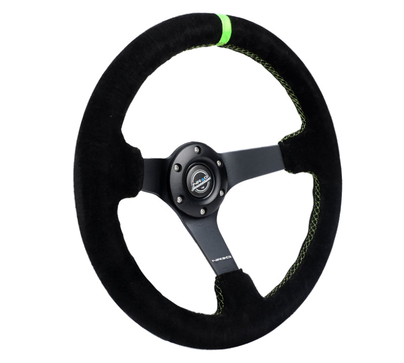 NRG Reinforced Steering Wheel 350mm/3in. Deep Blk Suede/ Neon Green Stitch w/5mm Matte Black Spoke