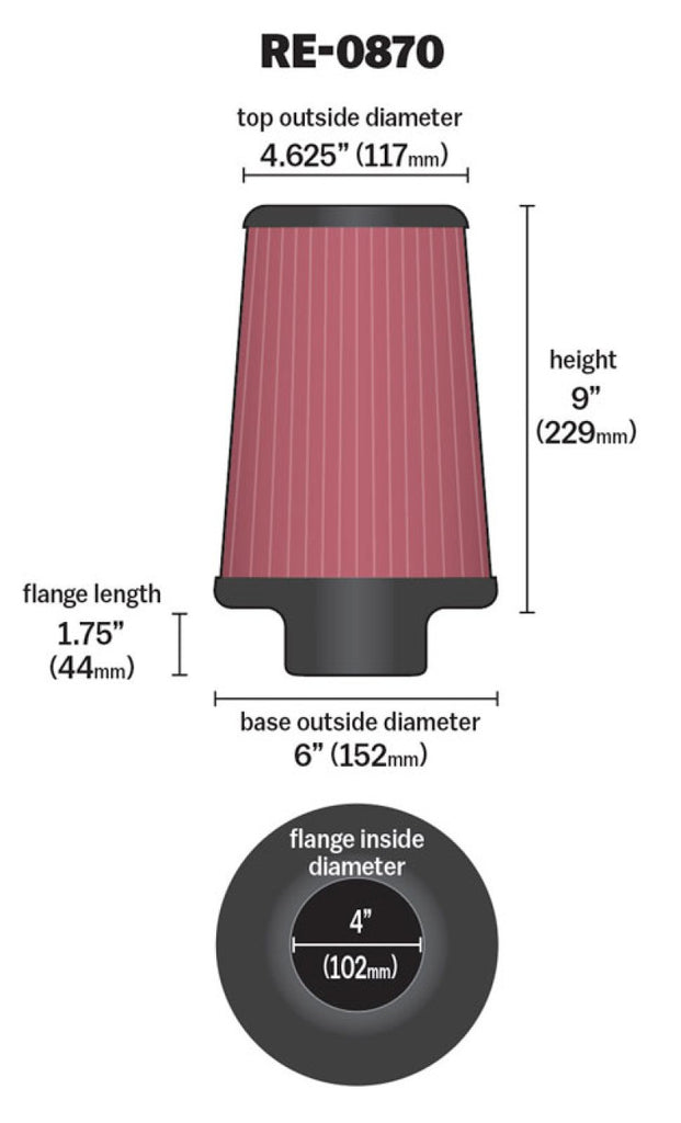 K&N Universal Rubber Filter 4inch FLG / 6inch OD-B / 4-5/8inch OD-T / 9inch H