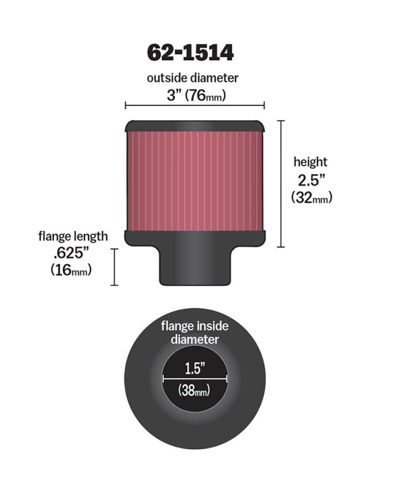 K&N 1.5in Flange ID x 3in OD x 2.5in Height Clamp On Crankcase Vent Filter